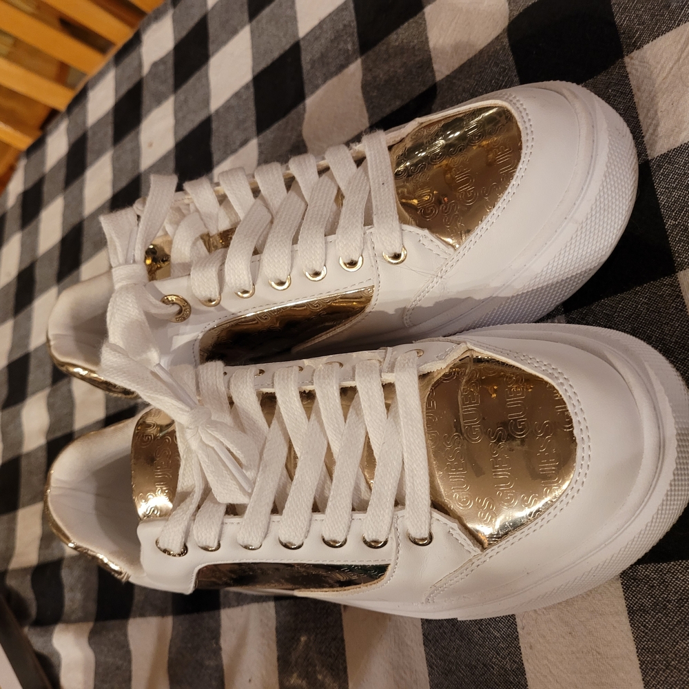 Guess White and Gold Sneakers (Women's)
